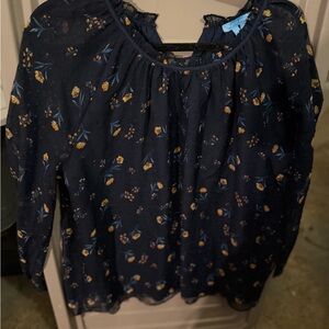 Draper James Navy Floral Peasant Blouse with Yellow Accents
